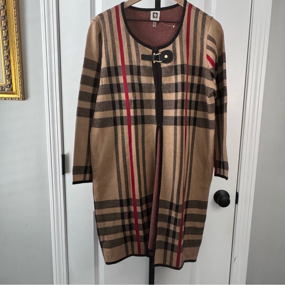 Anne Klein Plaid Open Front Cardigan Duster Sweater Tan Red Black Size L